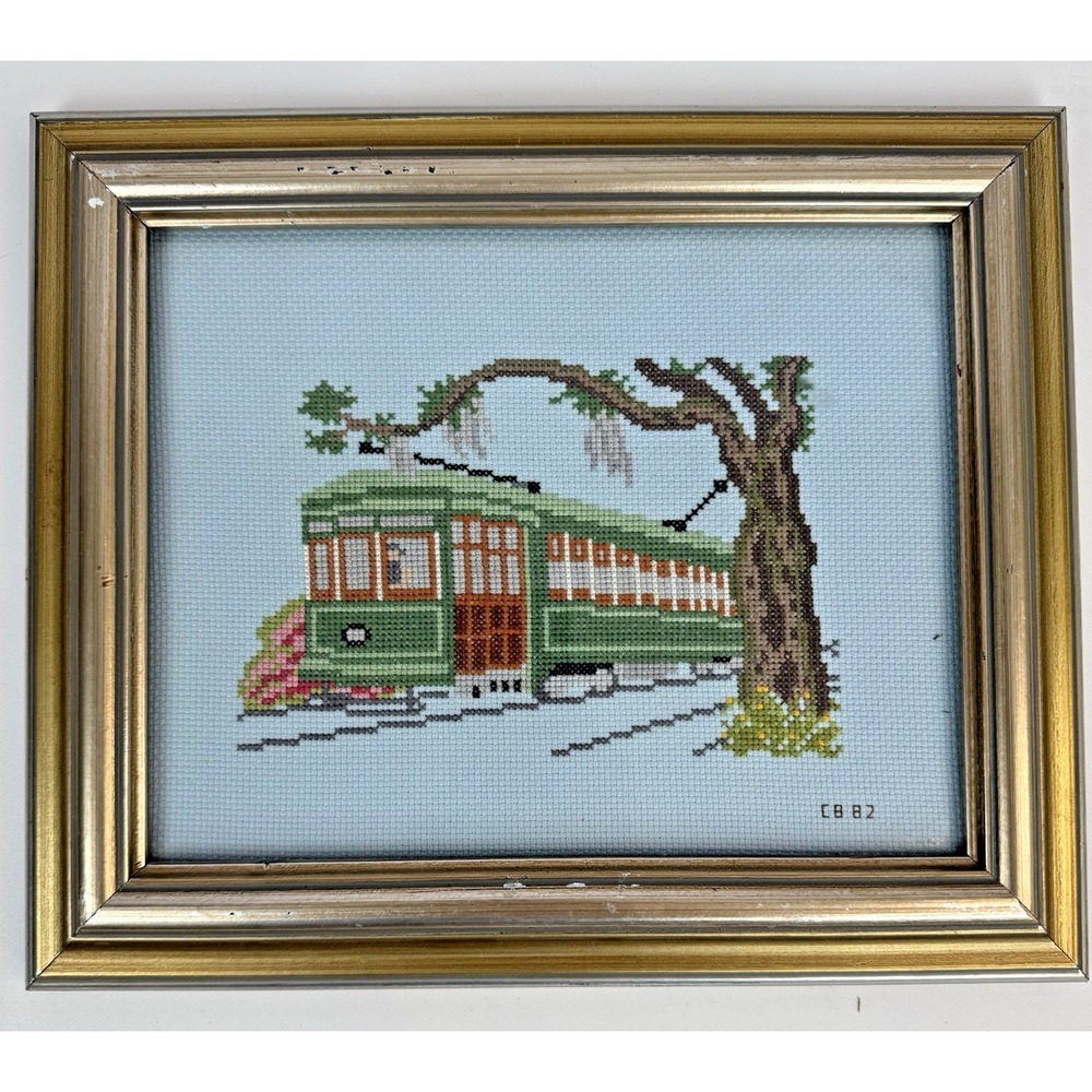 Streetcar Trolley Cable Car Cross Stitch Needlepoint Under a Tree Framed